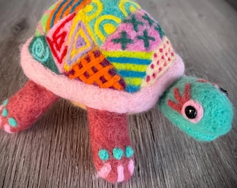 Needle Felted Wool Animal Sculpture, Oaxacan Patterned Art, Colorful Handmade turtle, turtle felting