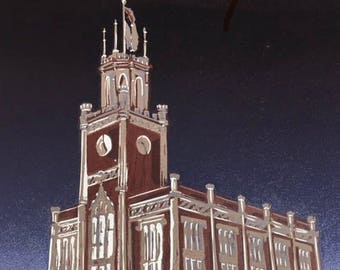 Manchester City Hall Print, Manchester NH art gift, NH art print, linocut Manchester NH