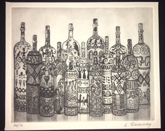 Peace Print, Solar Etching Print, Multicultural Art, Symbolic Etching Still Life, Bottle Art