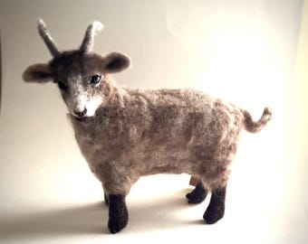 Realistic Needle Felted Goat Sculpture, Wool Farm Animal Figurine