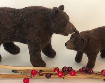 Needle Felted Wool Bear and Cub Sculpture, Realistic Animal Art