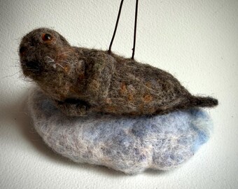 Hand-sculpted Wool Seal on Ice Ornament, Realistic Animal Art, Iceland Gift