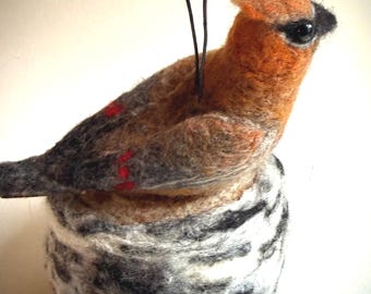 Felt Cedar Waxwing Ornament, Needle Felted Wool Bird Sculpture