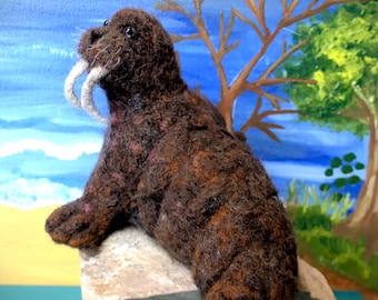 Needle Felted Walrus Sculpture, Realistic Wool Animal Art, walrus gift