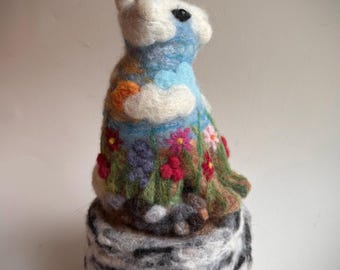 Needle Felted Rabbit Sculpture, 100% Wool Landscape Bunny Art