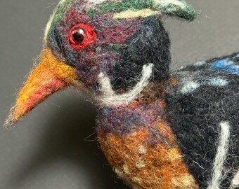Needle Felted Wood Duck Sculpture, 100% Wool Animal Art, Glass Eyes