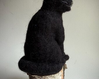 Handmade Black Felted Cat Sculpture, 100% Merino Wool, Green Glass Eyes