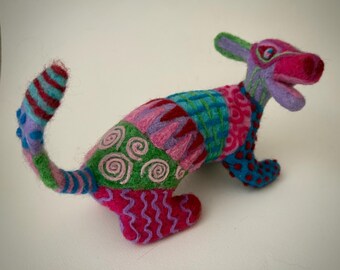 Needle Felted Wool Animal Sculpture, Oaxacan Patterned Art, Colorful Handmade Figurine