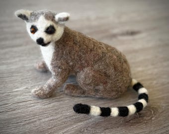 Felted Wool Lemur, Sculpted Animal Figure, Pet Lover Gift, lemur felting art