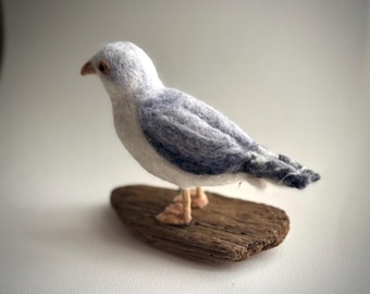Felted Wool Seagull on Beach Wood, Bird Lover Art