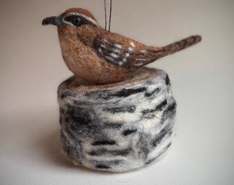 Needle Felted Carolina Wren Ornament, Wool Bird Lover Gift