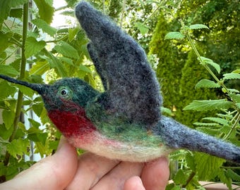 Handmade Felted Hummingbird, Realistic Wool Bird Art