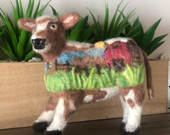 Needle Felted Wool Cow, Farm Landscape Art, Animal Lover Gift