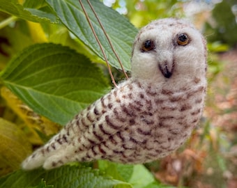 Needle Felted Snowy Owl Ornament, Realistic Wool Bird Lover Gift
