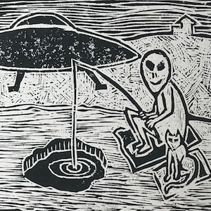 Linocut with alien and cat
