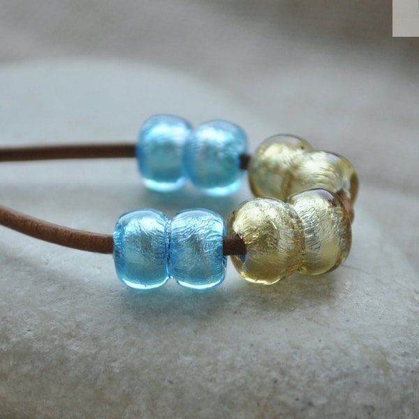 Set of four yellow and blue glass segmented silverfoil beads. Viking glass beads. Replica viking jewelry. SCA. Lampwork set of glass beads
