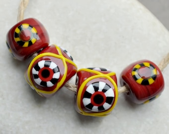 Red mosaic "Eye" glass beads. Birka beads.Replica of historical glass beads viking age. SCA.Viking glass beads.Lampwork set of beads.