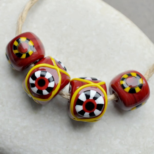 Red mosaic "Eye" glass beads. Birka beads.Replica of historical glass beads viking age. SCA.Viking glass beads.Lampwork set of beads.