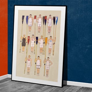May include: Framed vintage print of a rowing team. The artwork shows athletes in athletic wear, each holding an oar. The oars have coloured blades. The background is a neutral beige.