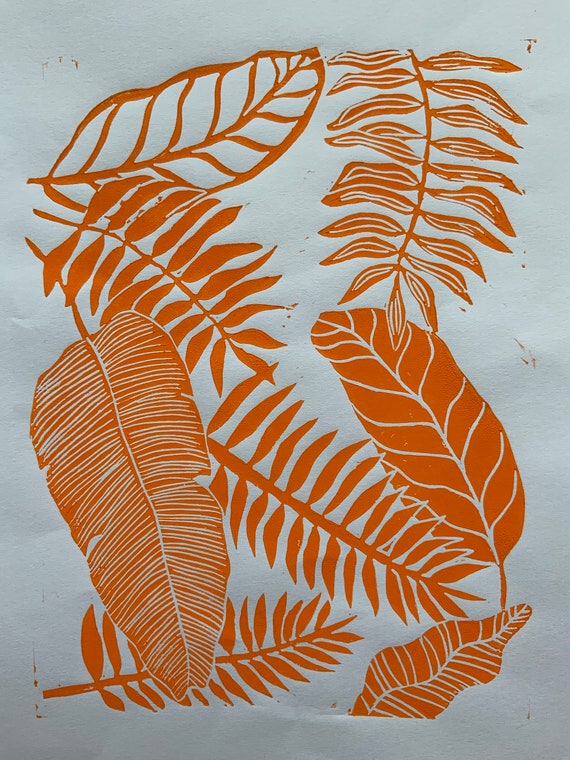 Leaf Lino Print Tropical Leaf, Hand Carved, Hand Printed Lino