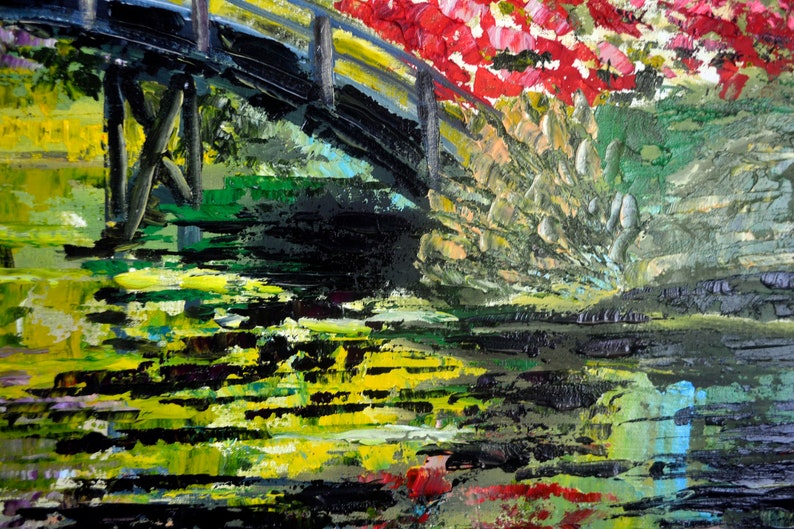Pond original painting Monet style Artwork,Summer landscape with a bridge