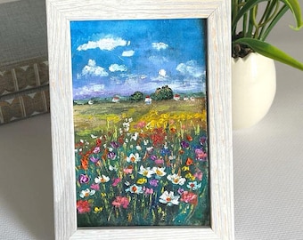 Miniature Oil Painting, Framed Flower Landscape Artwork, Vintage Style Ready to Hang