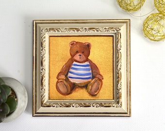 Bear Toy  original oil Painting: Teddy Bear Framed Vintage Style Art 4x4 in