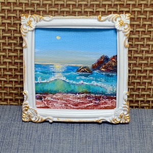 Small Seascape  painting in a frame/waves  artwork / Small Art 4x4/ Personalized Gift