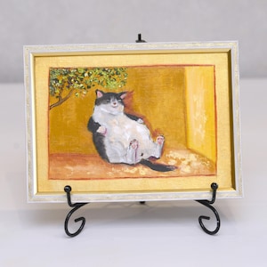 Pintura de Gato Gordo, pintura original de Gato Tuxedo emoldurada, 20 x 15 cm. Presentes para amantes de gatos.