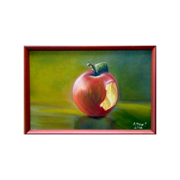Pomme encadrée nature morte pomme mordue peinture originale sur toile 8 x 12 Français country Art