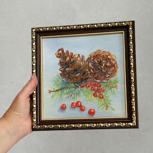 Pine cone Oil painting .Framed  Original painting Christmas Artwork Small Art 8x8 inches