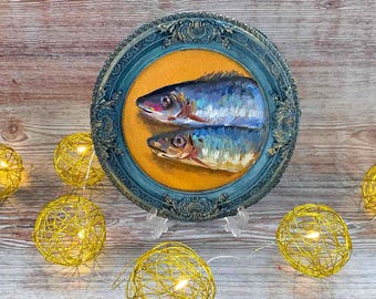 Sardines Painting:   Original Round Fish art in Vintage Resin Frame