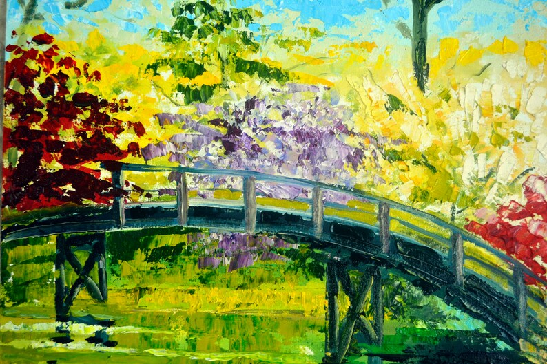 Pond original painting Monet style Artwork,Summer landscape with a bridge