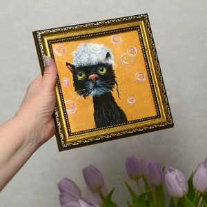 Black cat Original painting in a frame. Hand painted Black cat in the shower soap bubbles