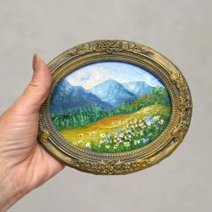 Cuadro de paisaje alpino en marco vintage / Miniatura ovalada en marco / Cuadros pequeños en marco / Decoración victoriana