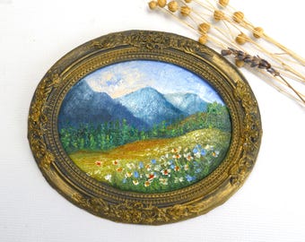 French Alps Landscape Painting in Vintage Oval Frame