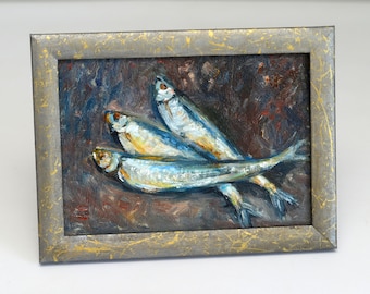 Sardines schilderij: ingelijst visstilleven. Handgeschilderde muurkunst voor in de keuken