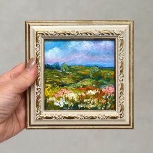 Cuadro de paisaje pequeño enmarcado, obra de arte de paisaje con flores enmarcadas, arte enmarcado pequeño 4x4, regalo personalizado