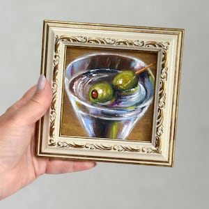Dirty Martini Art/  Cocktails olives painting in a wooden vintage frame .Miniature Framed Oil Painting