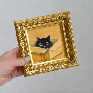 Black cat Original framed painting . Hand painted Black cat in a box Funny kitten framed art 4x4 inches