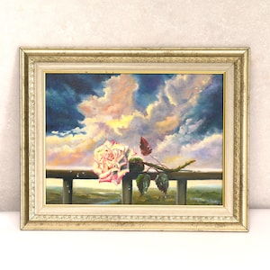 Storm Clouds and Pink Rose Painting in Gold frame/ Cloud Art original Oil Painting 12x16 inch