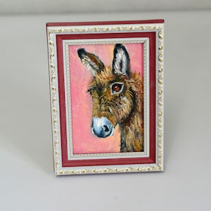 Donkey Portrait in a frame,Miniature Farm Animals Painting  4x6 inches , Farm Animal Artwork