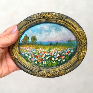 Cuadro de paisaje pequeño en marco ovalado, cuadros originales en marco vintage, arte enmarcado pequeño