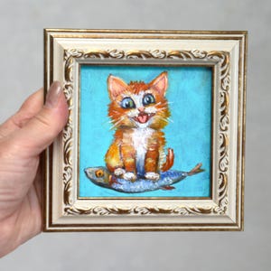 Cat with fish Original painting in a small frame. Hand painted cat and fish. Cheerful kitten Art in  frame 4x4 inches