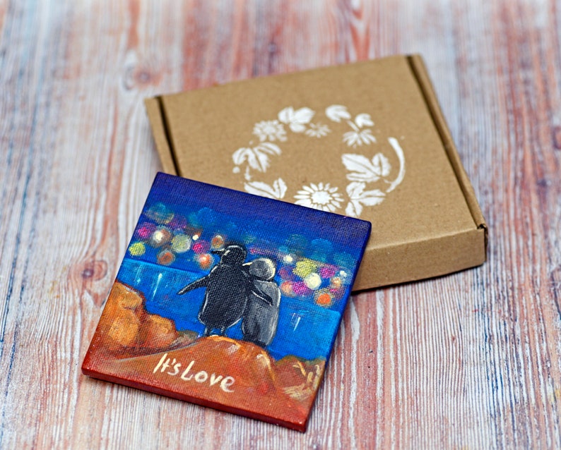 Australian Penguins Art Gift for Valentine/'s Day Penguin Couple in Love mini painting on canvas