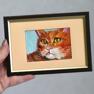 Arte original de gato rojo enmarcado Pintura ACEO de gato jengibre Pintura en miniatura de ojos de gato