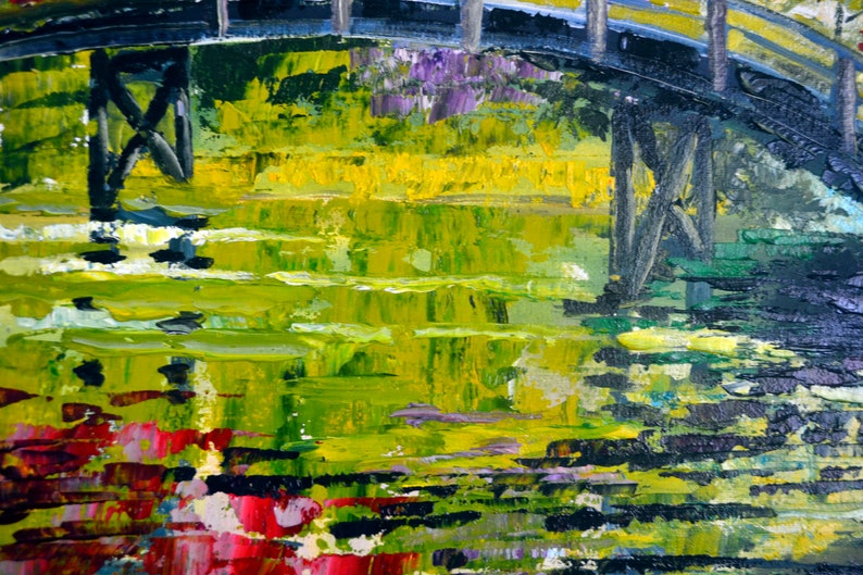 Pond original painting Monet style Artwork,Summer landscape with a bridge