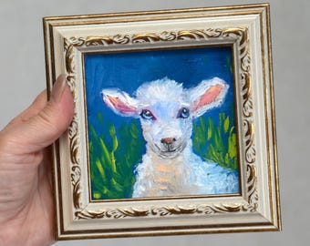 額入りオリジナル子羊の絵画、小さな農場の動物アート(4 x 4 額入りオリジナル子羊の絵画、小さな農場の動物アート(4 x 4