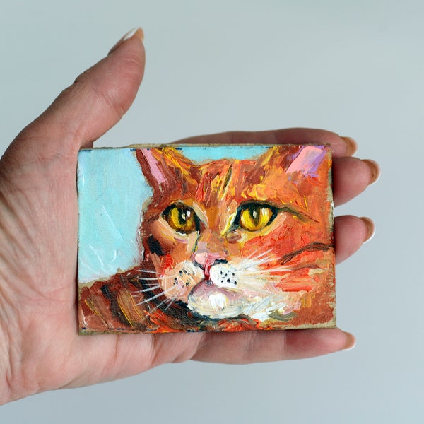 Ginger cat ACEO Red cat original art Kitten painting Cat eyes miniature painting 2.5X3.5 inch