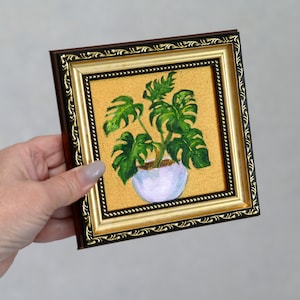 Pintura a óleo de plantas domésticas com folha de ouro. Arte com folha de Monstera em moldura dourada, 10 x 10 cm. Pequena obra de arte original.